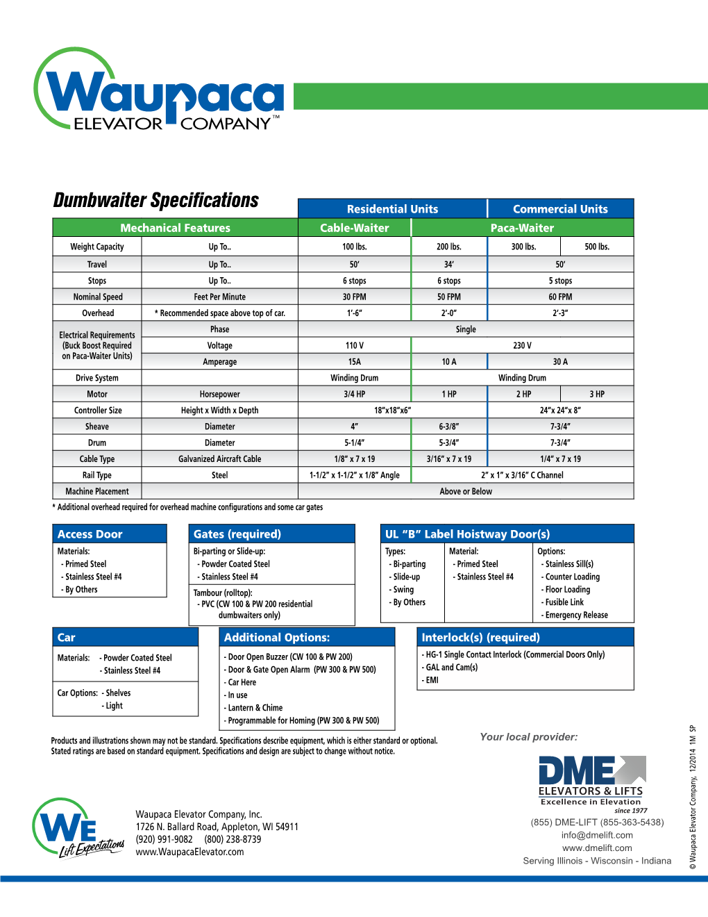 Dumbwaiter Specifications Residential Units Commercial Units Mechanical Features Cable-Waiter Paca-Waiter Weight Capacity up To