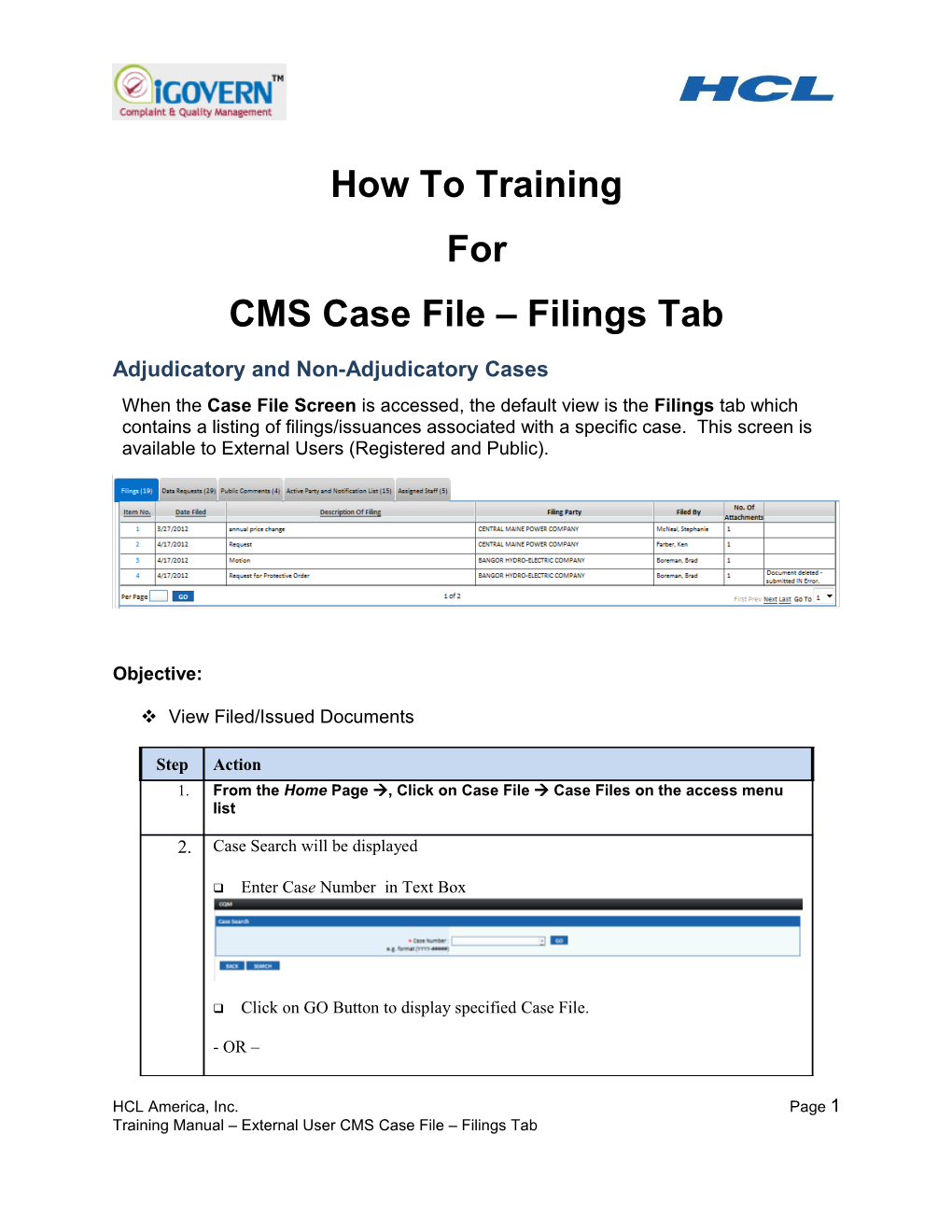 CMS Case File Filings Tab