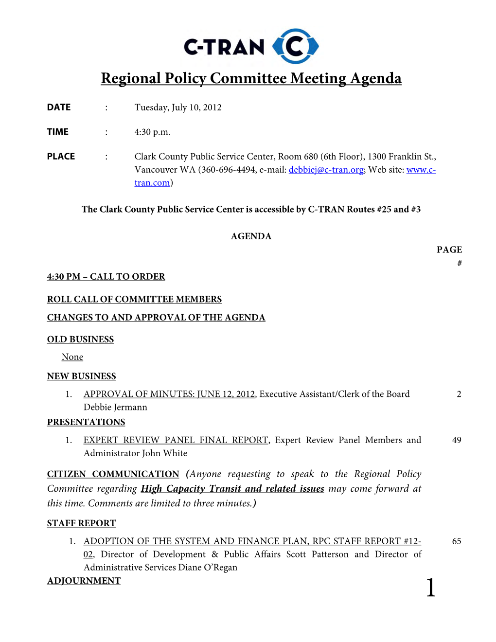 Regional Policy Committee Meeting Agenda