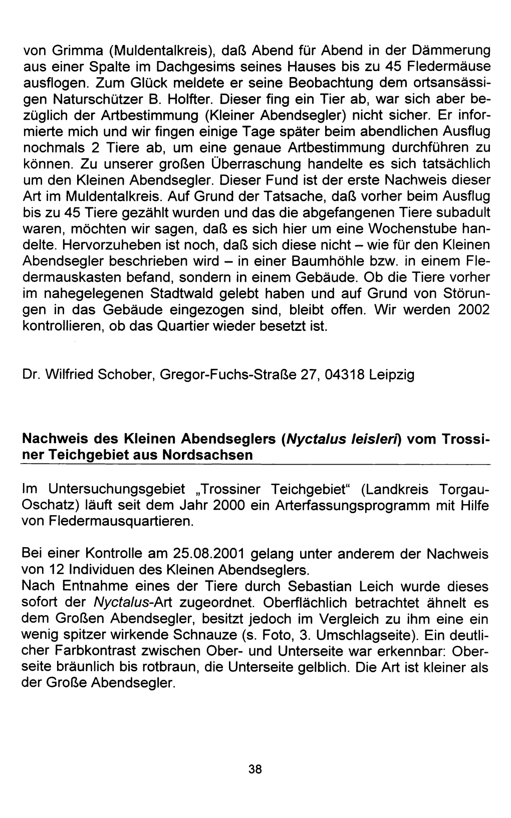 Von Grimma (Muldentalkreis), Daß Abend Für Abend in Der Dämmerung Aus Einer Spalte Im Dachgesims Seines Hauses Bis Zu 45 Fledermäuse Ausflogen