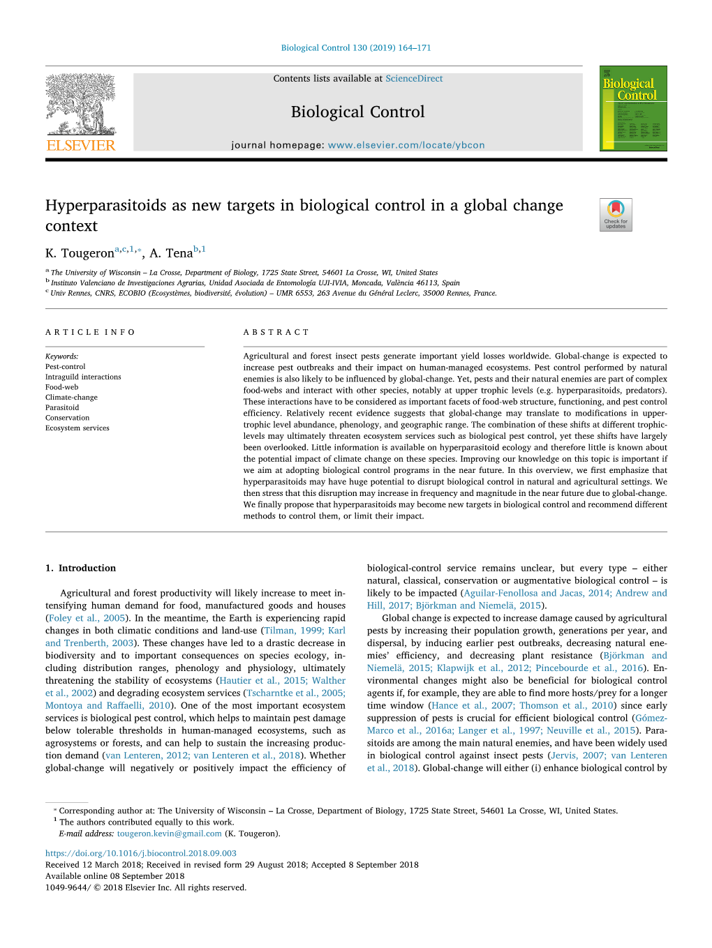 Hyperparasitoids As New Targets in Biological Control in a Global Change Context T ⁎ K