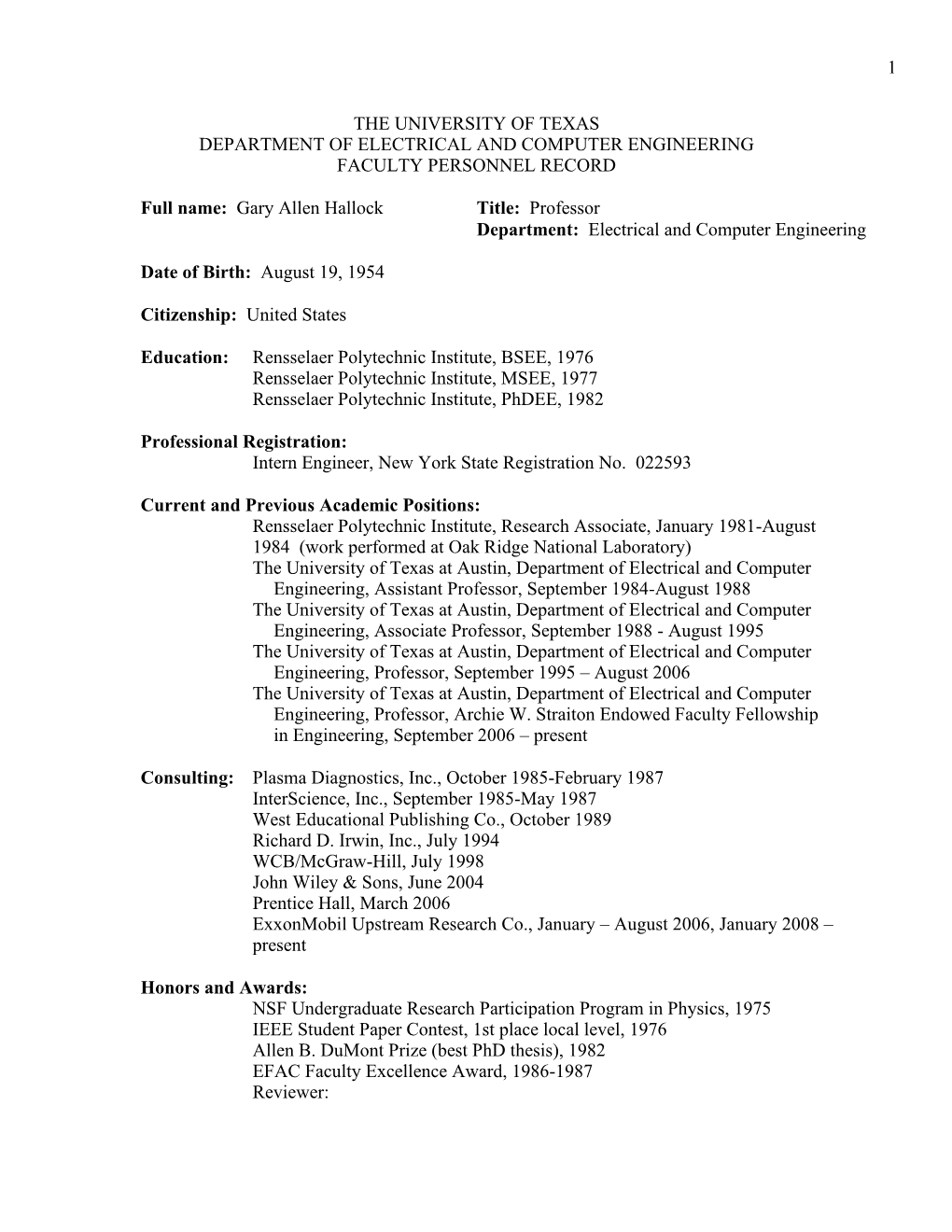 Gary Allen Hallock Title: Professor Department: Electrical and Computer Engineering