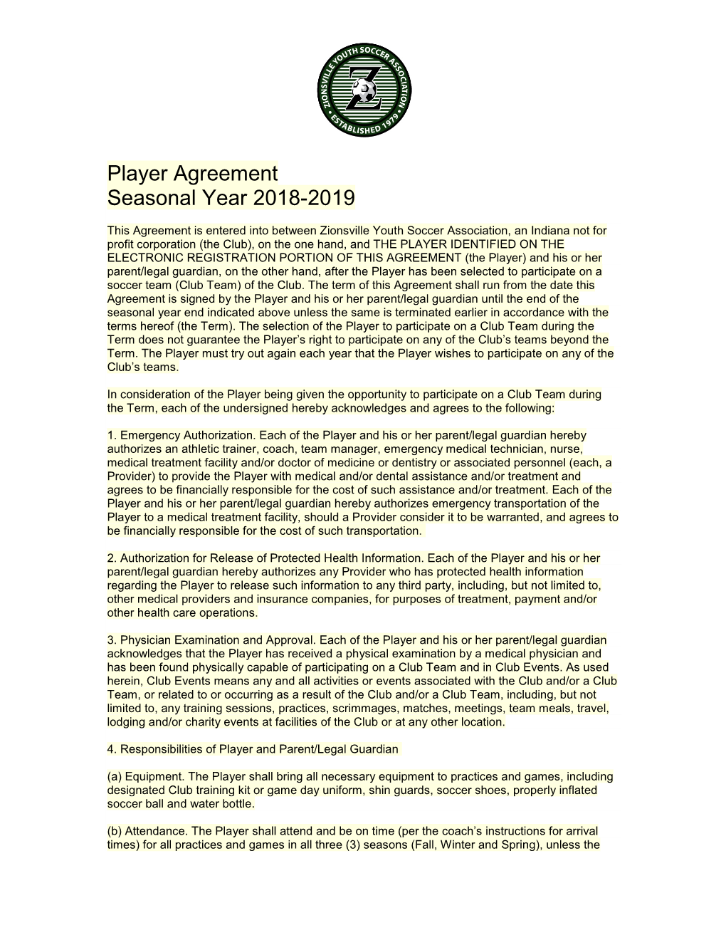 Player Agreement Seasonal Year 2018-2019