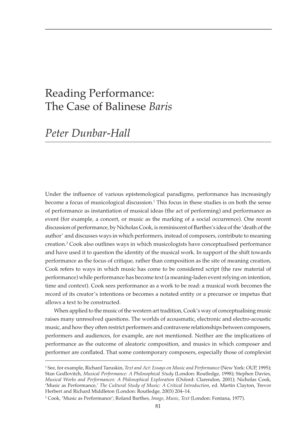 Reading Performance: the Case of Balinese Baris Peter Dunbar-Hall