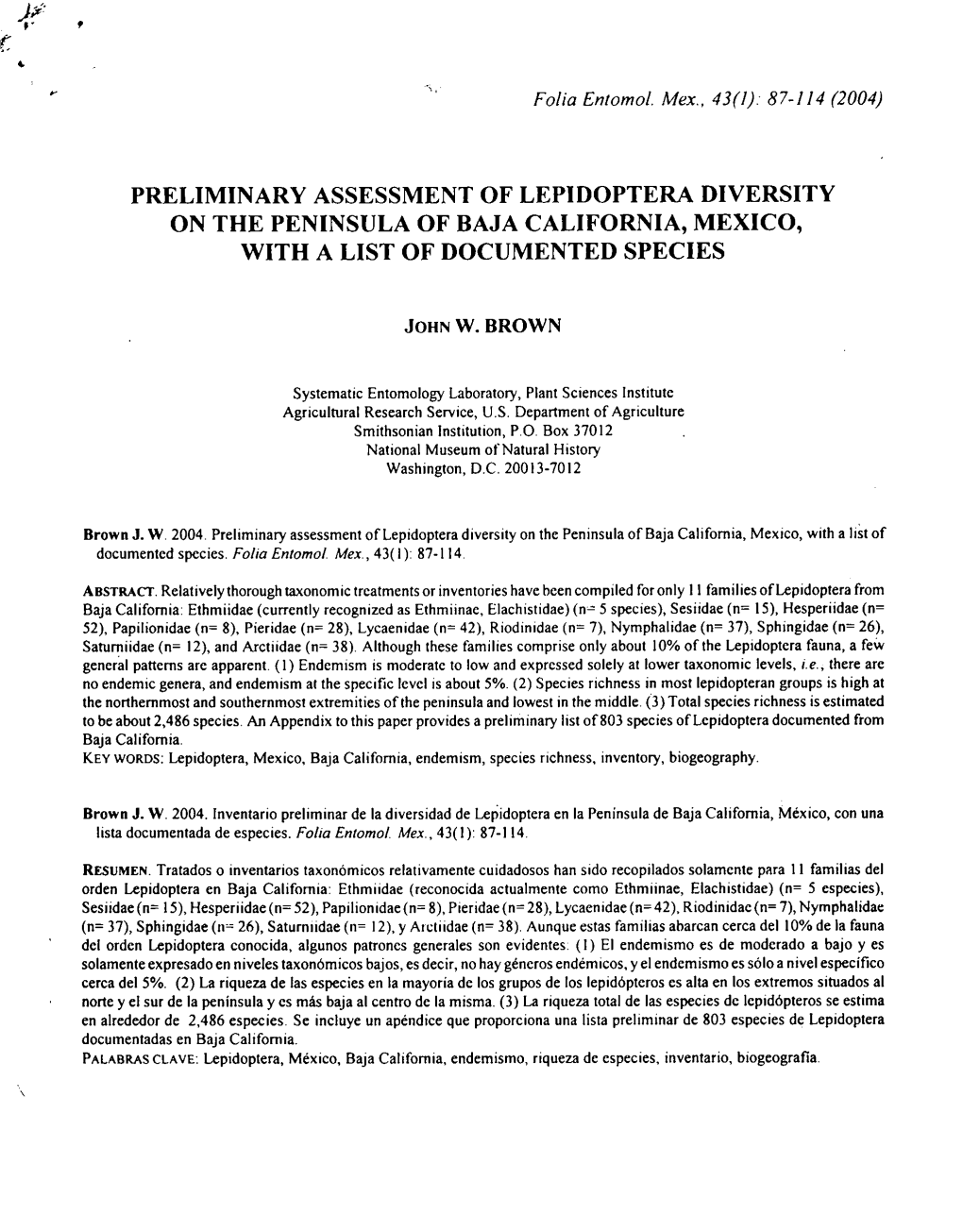 Preliminary Assessment of Lepidoptera Diversity on the Peninsula of Baja California, Mexico, with a List of Documented Species