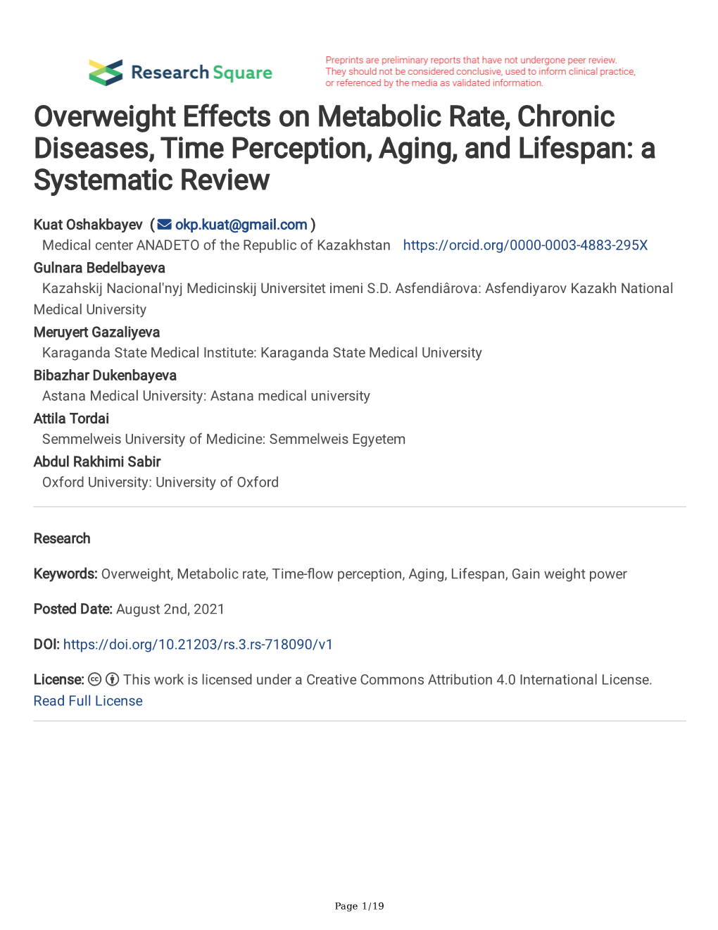 Overweight Effects on Metabolic Rate, Chronic Diseases, Time Perception, Aging, and Lifespan: a Systematic Review