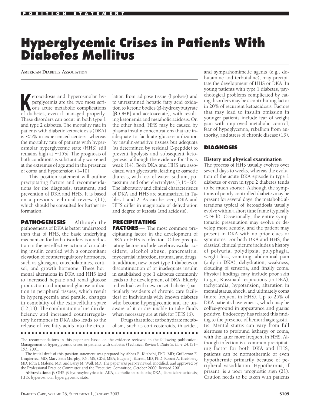 Hyperglycemic Crises in Patients with Diabetes Mellitus