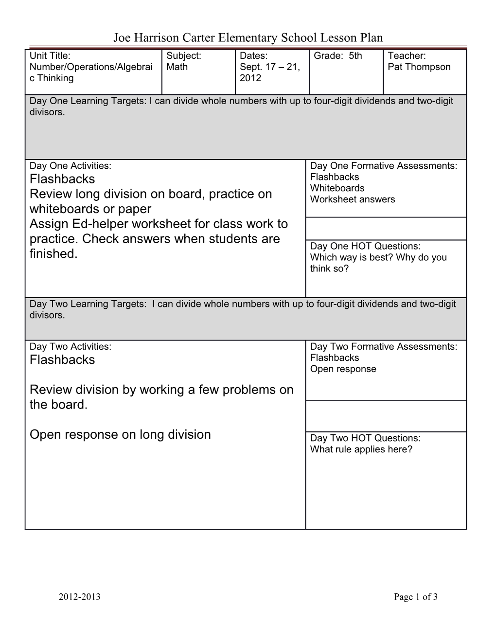 Joe Harrison Carter Elementary School Lesson Plan