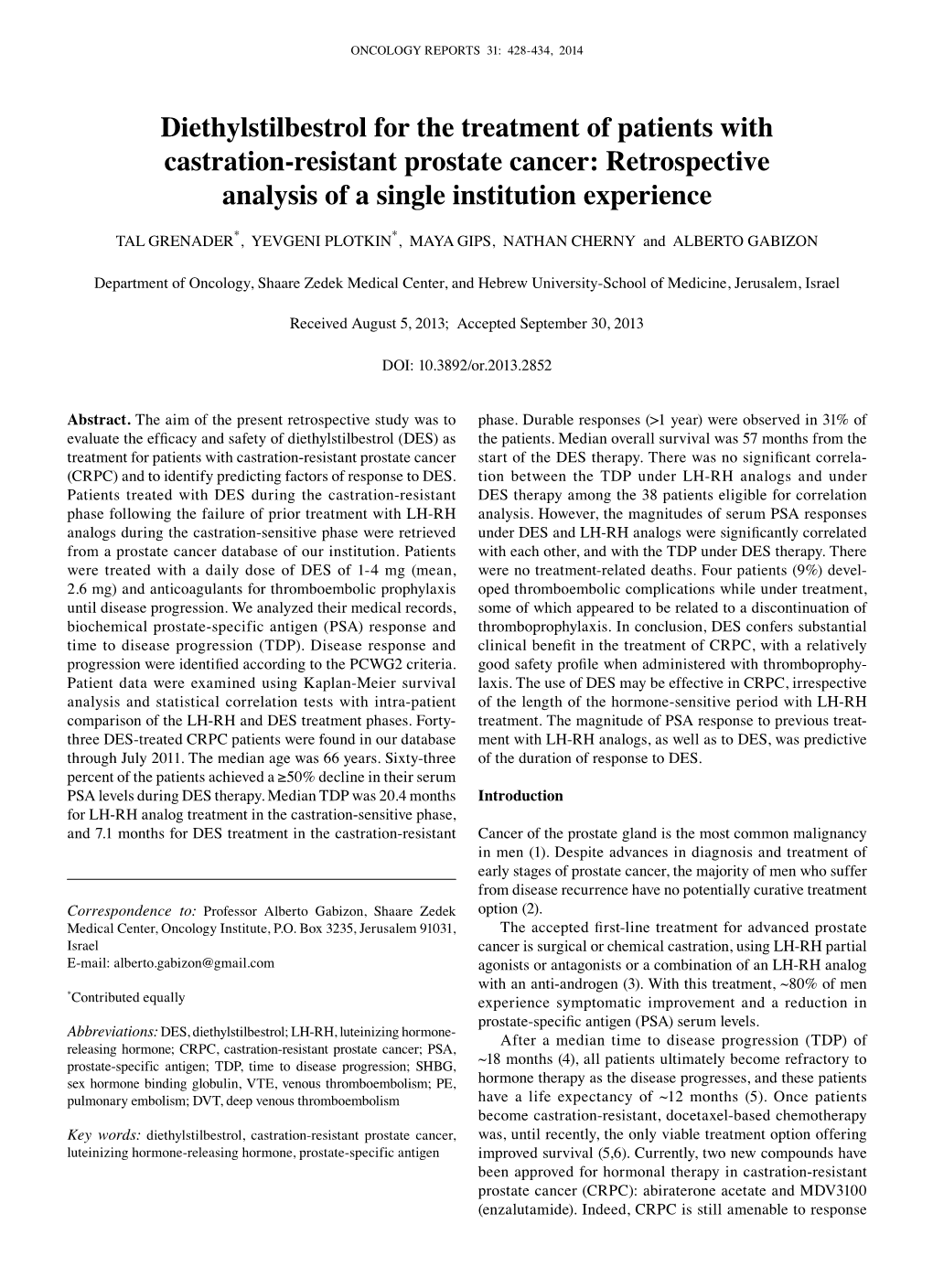 Diethylstilbestrol for the Treatment of Patients with Castration-Resistant Prostate Cancer: Retrospective Analysis of a Single Institution Experience