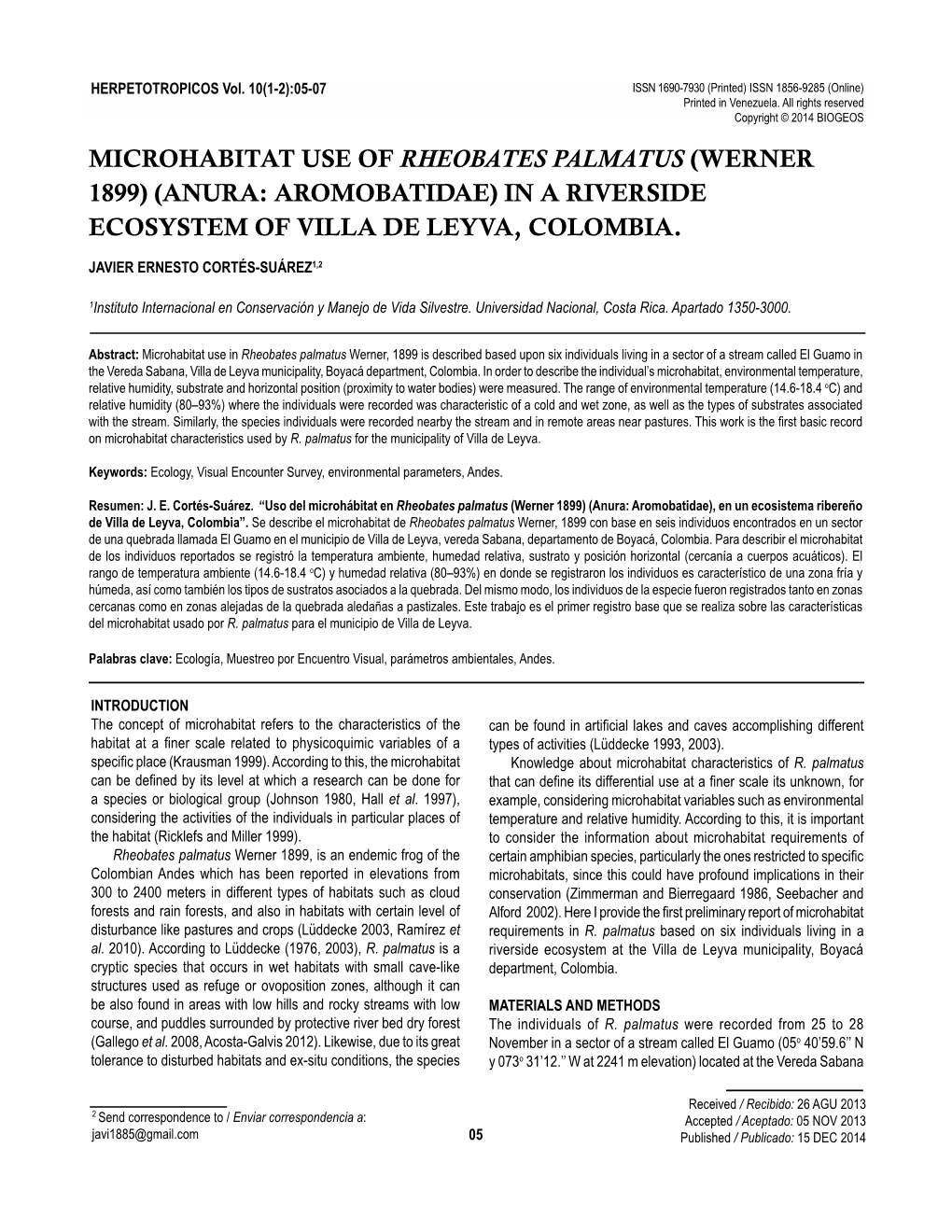 MICROHABITAT USE of Rheobates Palmatus (WERNER 1899) (ANURA: AROMOBATIDAE) in a RIVERSIDE ECOSYSTEM of VILLA DE LEYVA, COLOMBIA