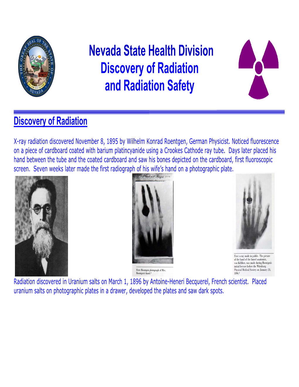 Nevada State Health Division Discovery of Radiation and Radiation Safety