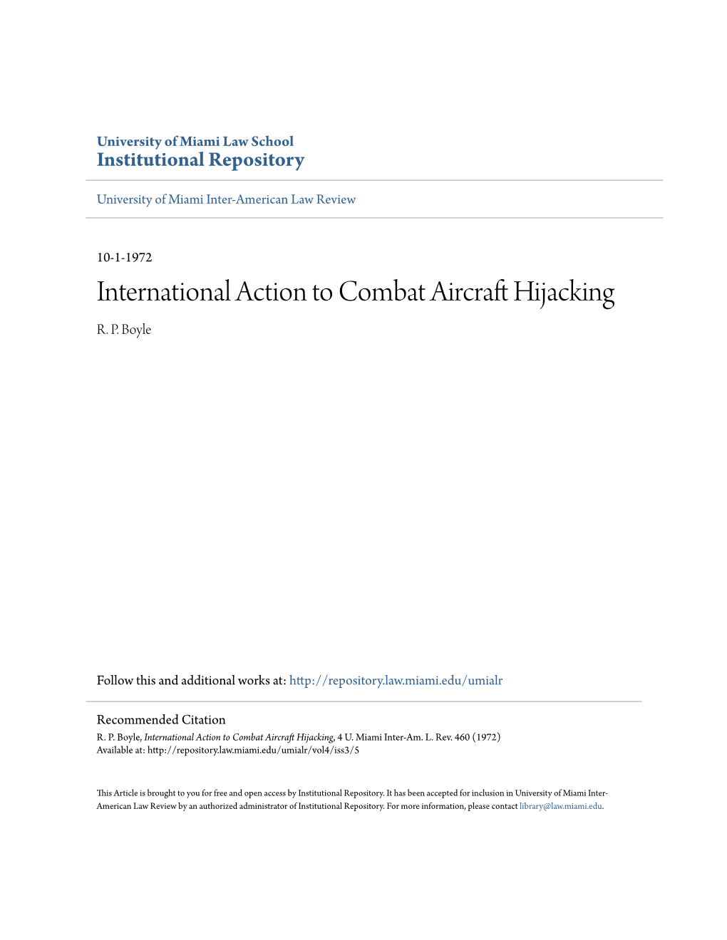International Action to Combat Aircraft Hijacking*