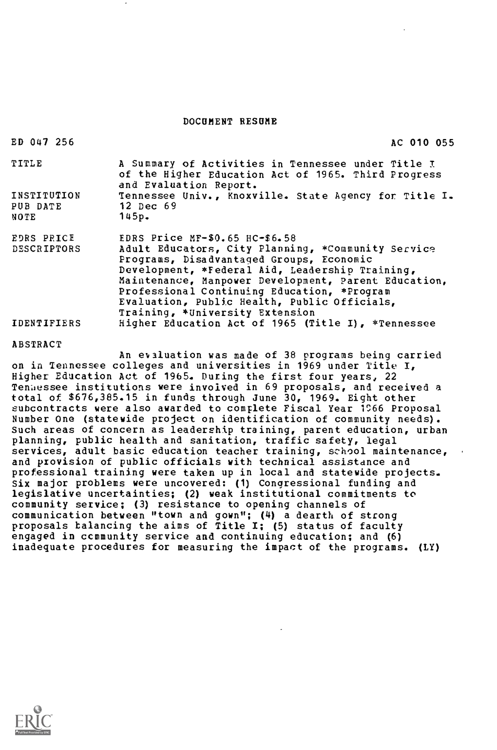 A Summary of Activities in Tennessee Under Title of the Higher Education Act of 1965. Third Progress Adult Educators, City Plann