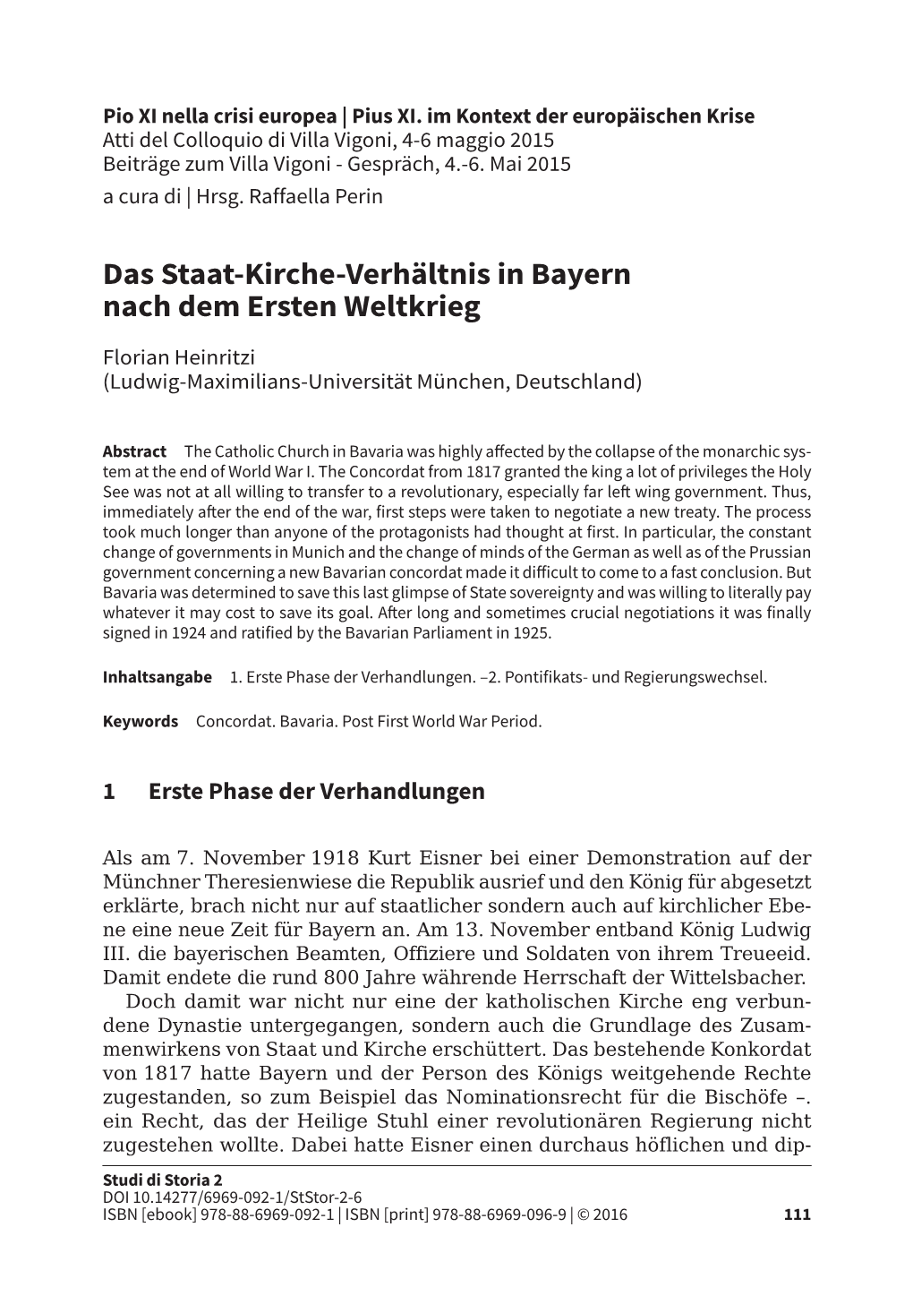 Das Staat-Kirche-Verhältnis in Bayern Nach Dem Ersten Weltkrieg