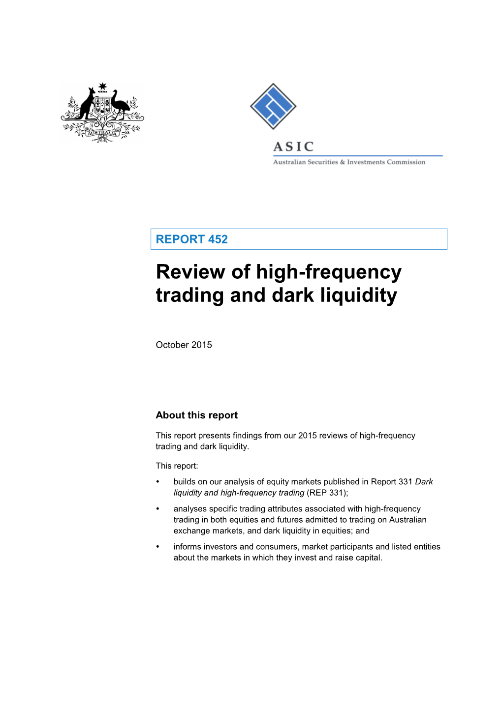 REP 452 Review of High-Frequency Trading and Dark Liquidity
