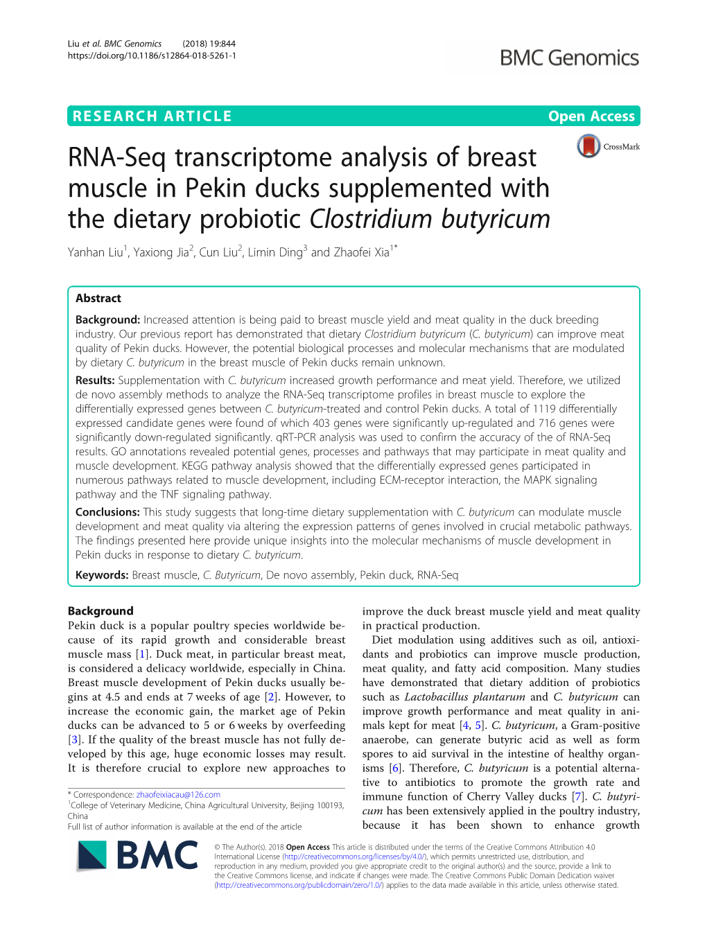 RNA-Seq Transcriptome Analysis of Breast Muscle in Pekin Ducks Supplemented with the Dietary Probiotic Clostridium Butyricum