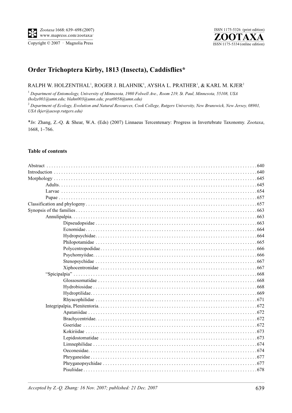 Zootaxa,Order Trichoptera Kirby, 1813 (Insecta), Caddisflies