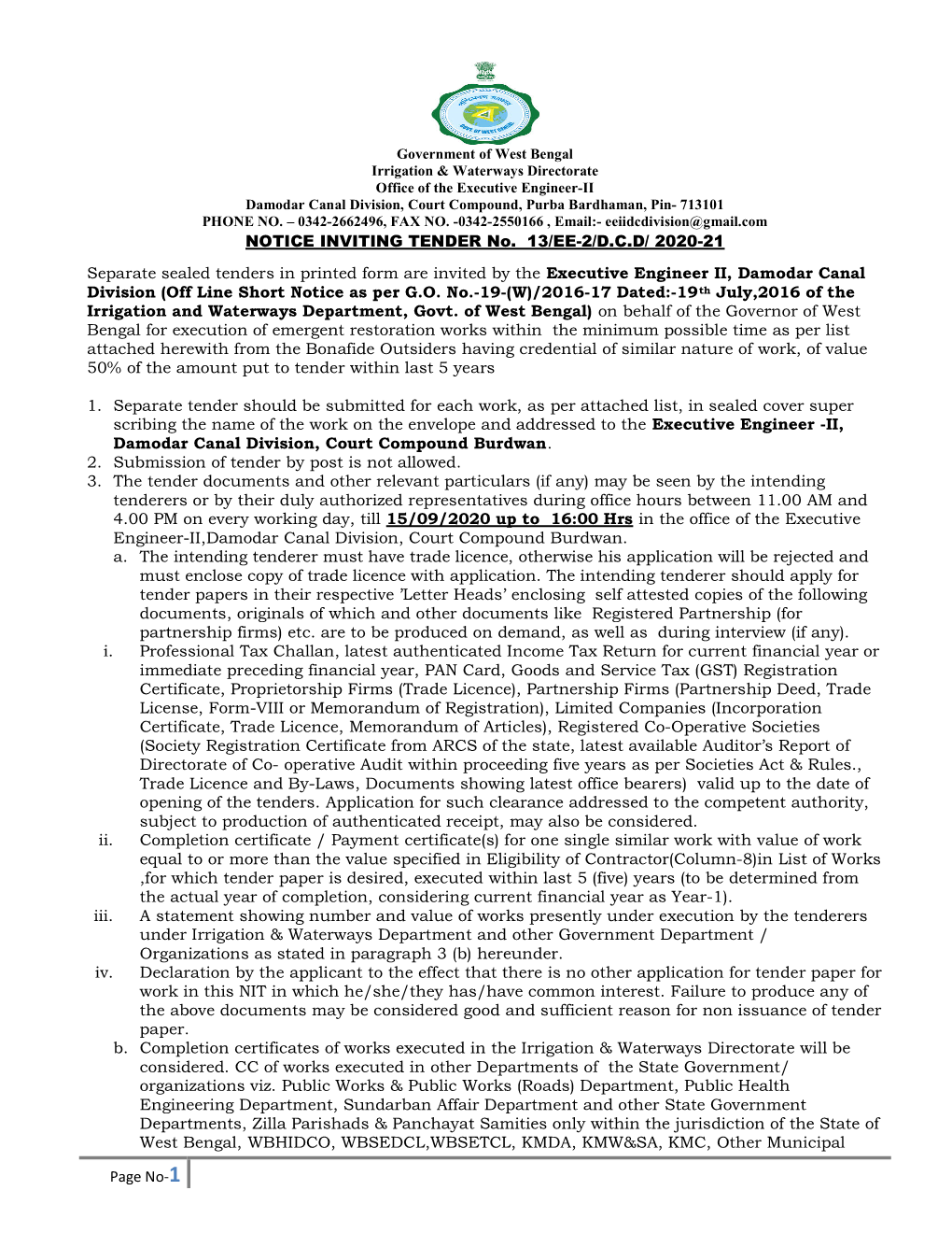 2020-21 Separate Sealed Tenders in Printed Form Are Invited by the Executive Engineer II, Damodar Canal Division (Off Line Short Notice As Per G.O