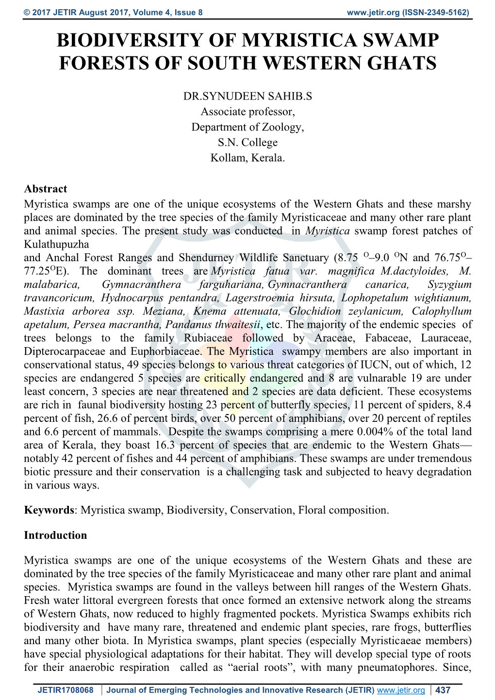 Biodiversity of Myristica Swamp Forests of South Western Ghats