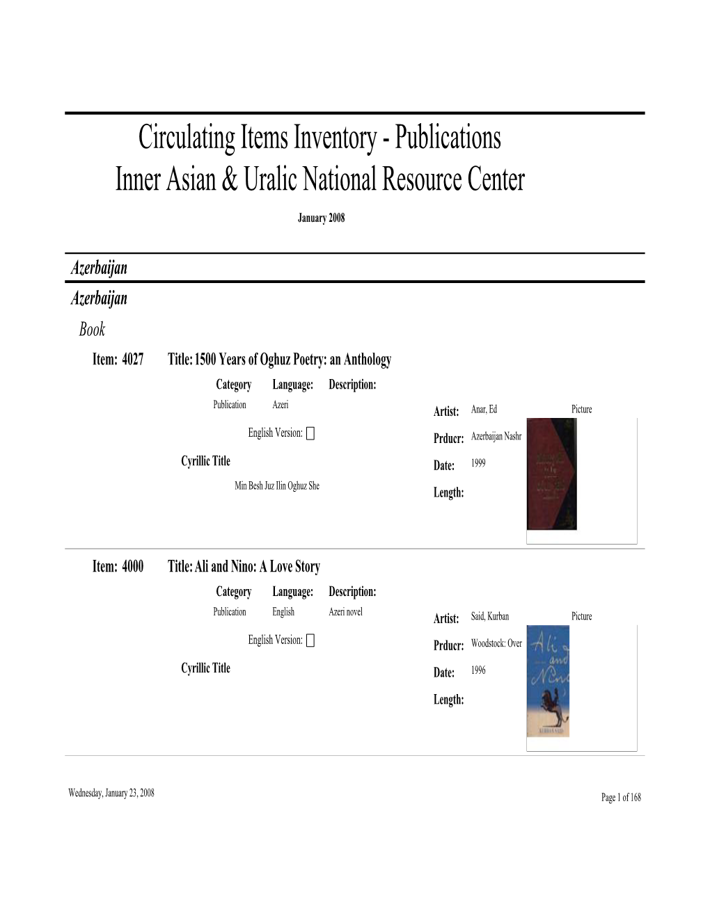 Circulating Items Inventory - Publications Inner Asian & Uralic National Resource Center