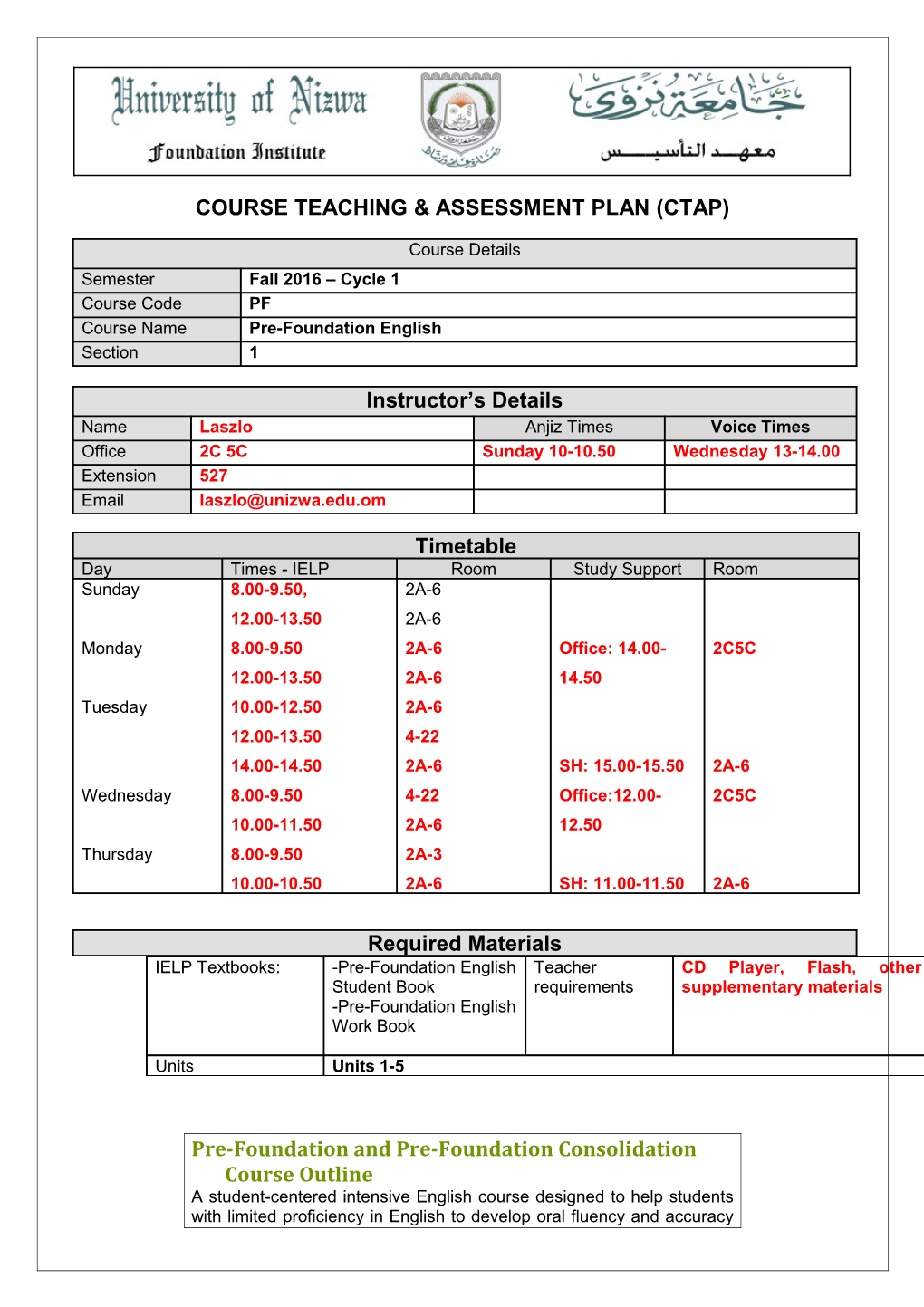 Course Teaching & Assessment Plan (Ctap)