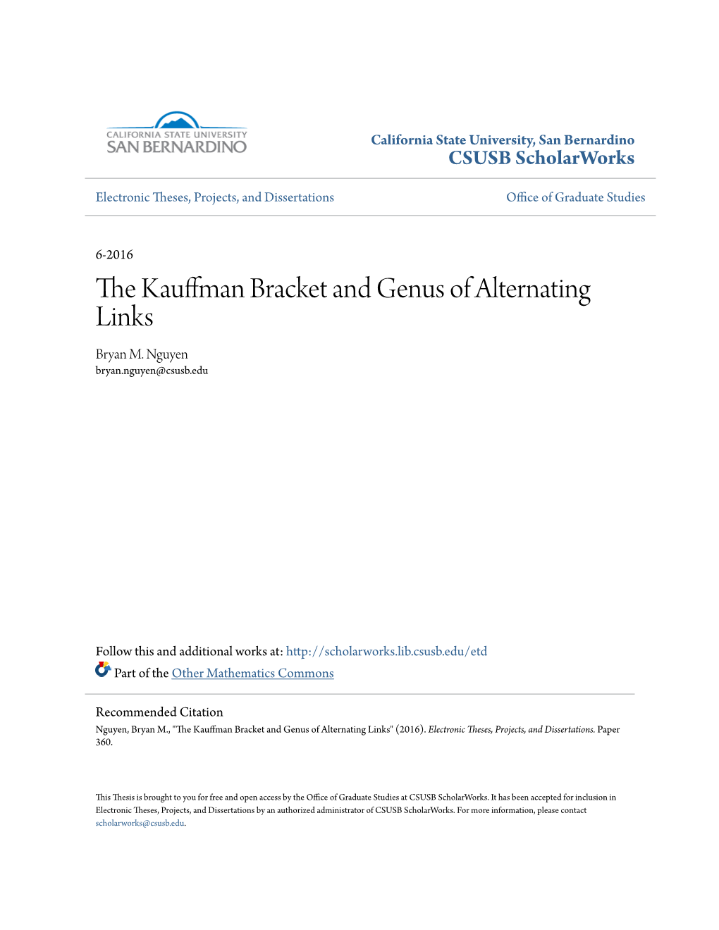 The Kauffman Bracket and Genus of Alternating Links Bryan M