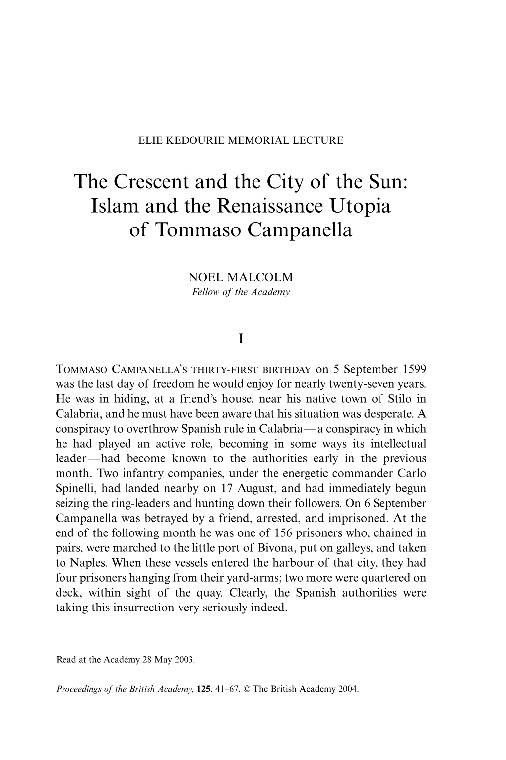 The Crescent and the City of the Sun: Islam and the Renaissance Utopia of Tommaso Campanella