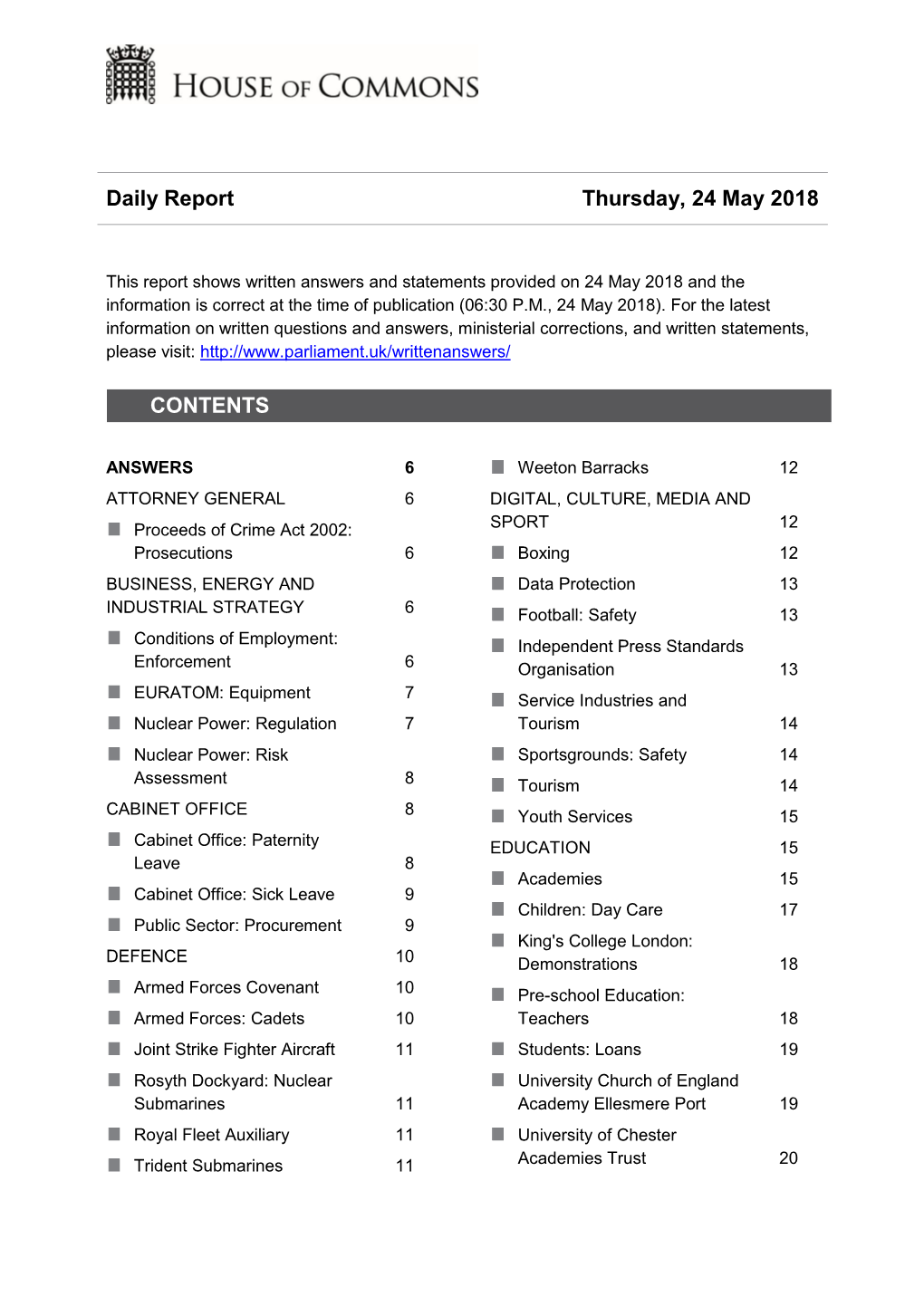 Daily Report Thursday, 24 May 2018 CONTENTS