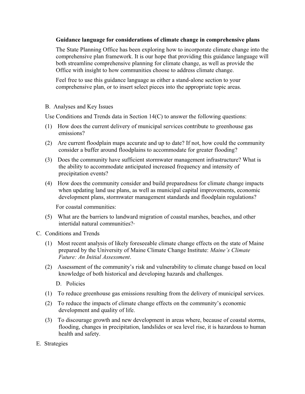 Guidance Language For Considerations Of Climate Change In Comprehensive Plans