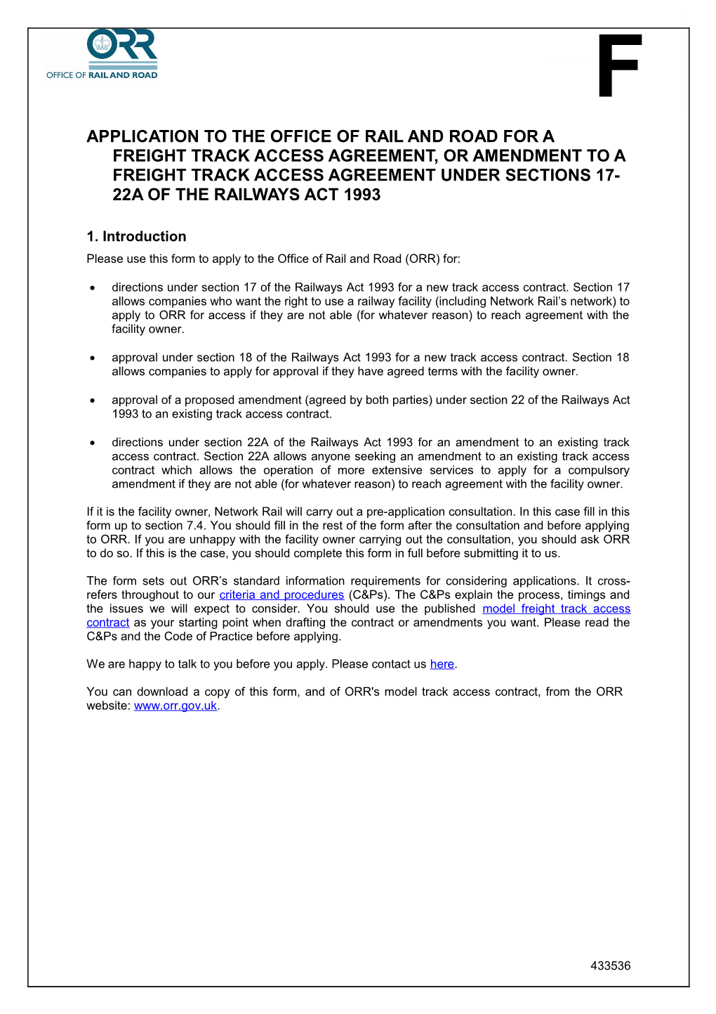 Freight Access Application Form F