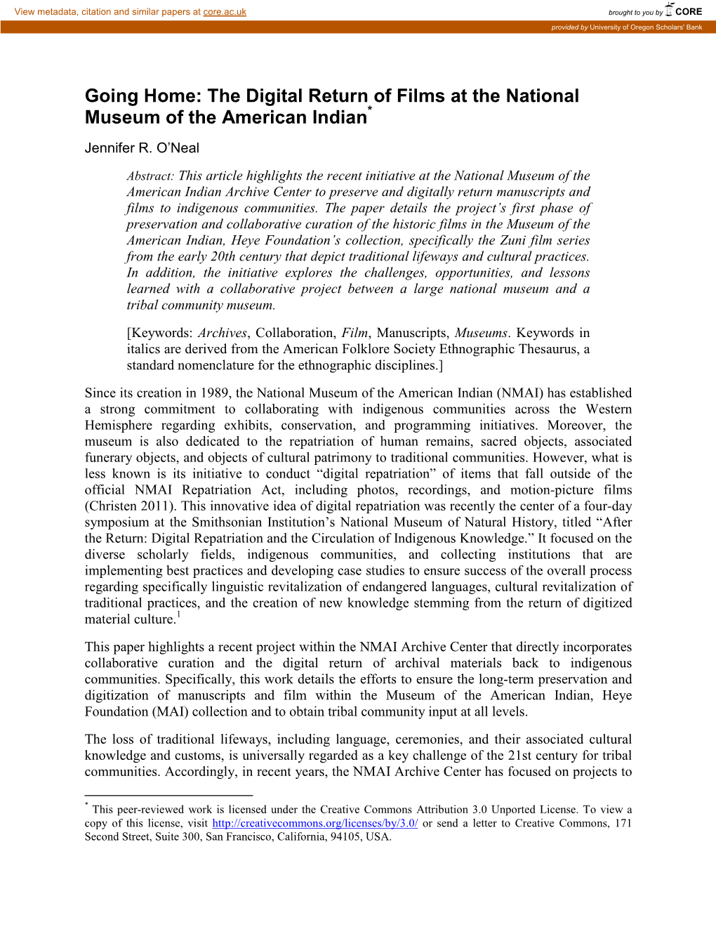 The Digital Return of Films at the National Museum of the American Indian* Jennifer R