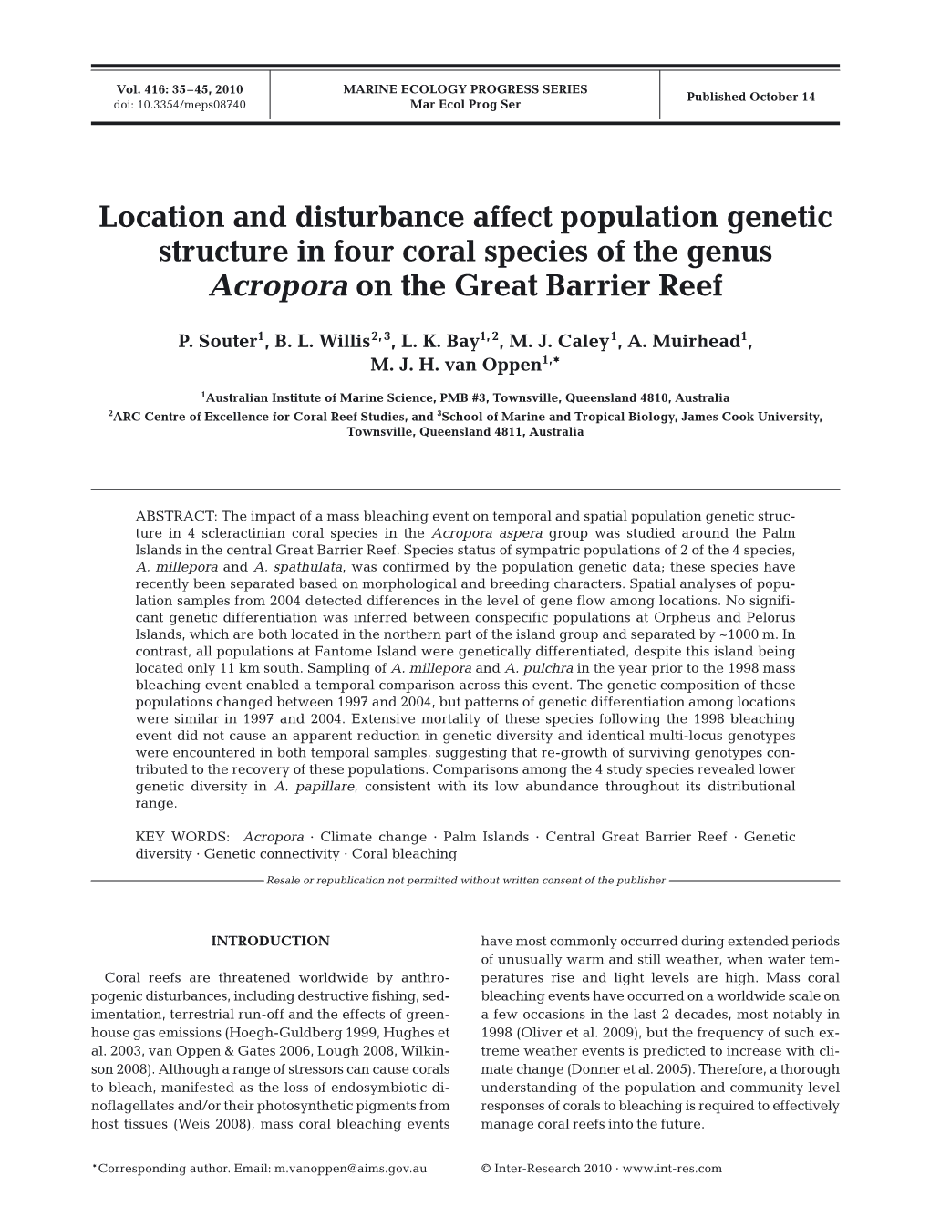 Location and Disturbance Affect Population Genetic Structure in Four Coral Species of the Genus Acropora on the Great Barrier Reef