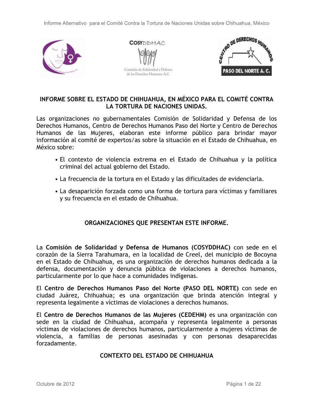 Informe Sobre El Estado De Chihuahua, En México Para El Comité Contra La Tortura De Naciones Unidas