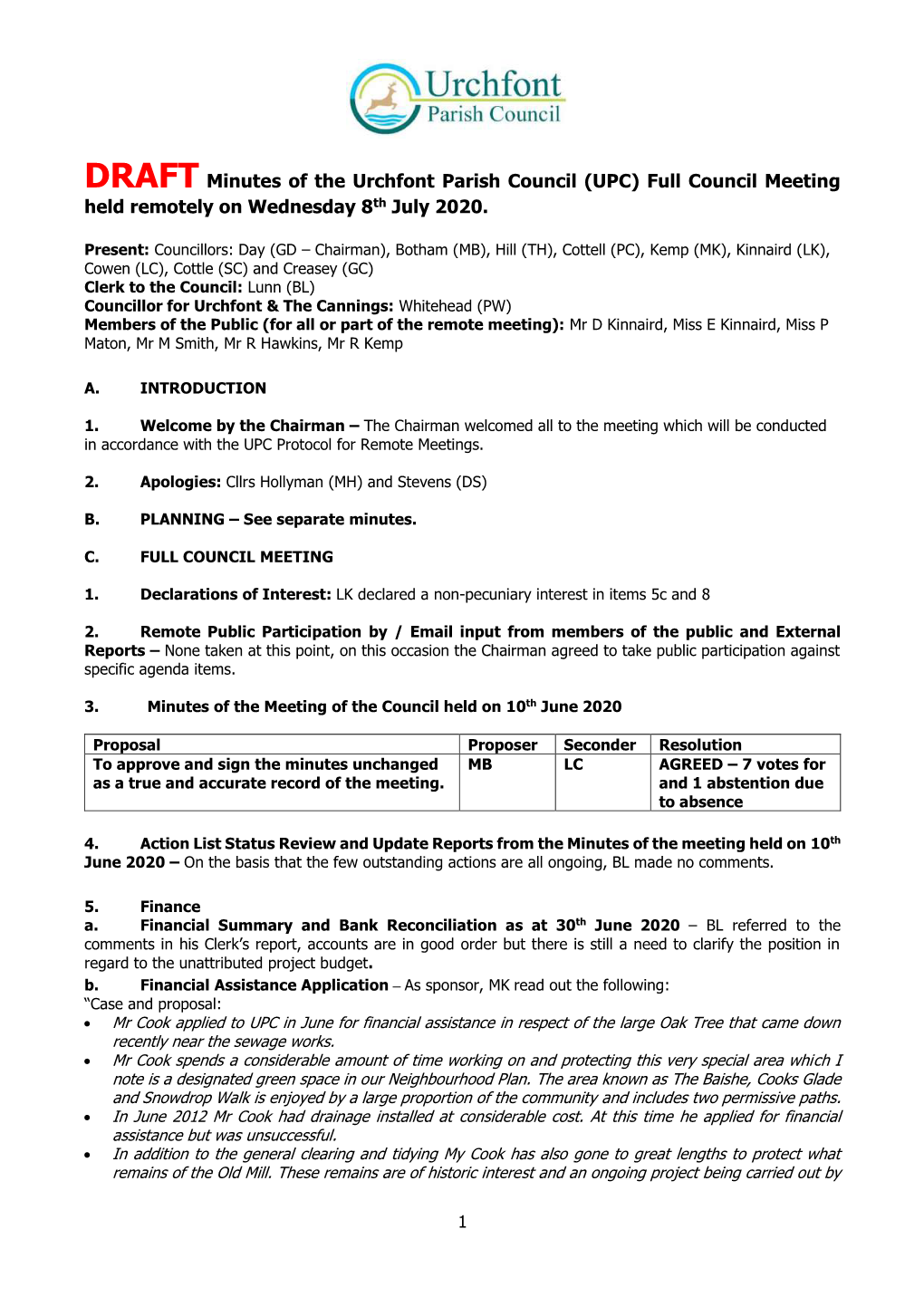 DRAFT Minutes of the Urchfont Parish Council (UPC) Full Council Meeting Held Remotely on Wednesday 8Th July 2020