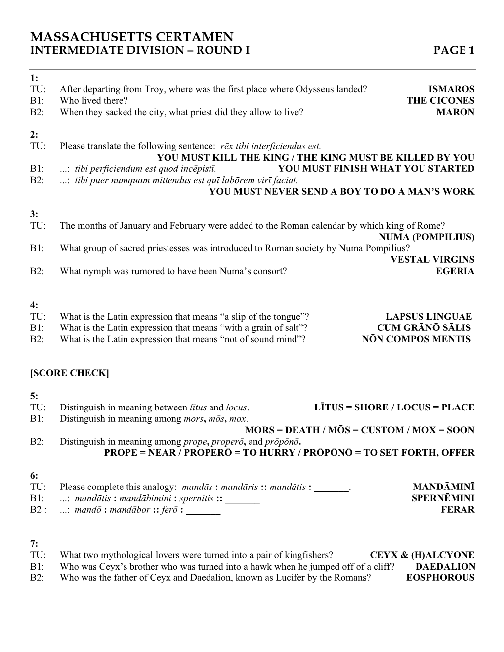 Massachusetts Certamen Intermediate Division – Round I Page 1