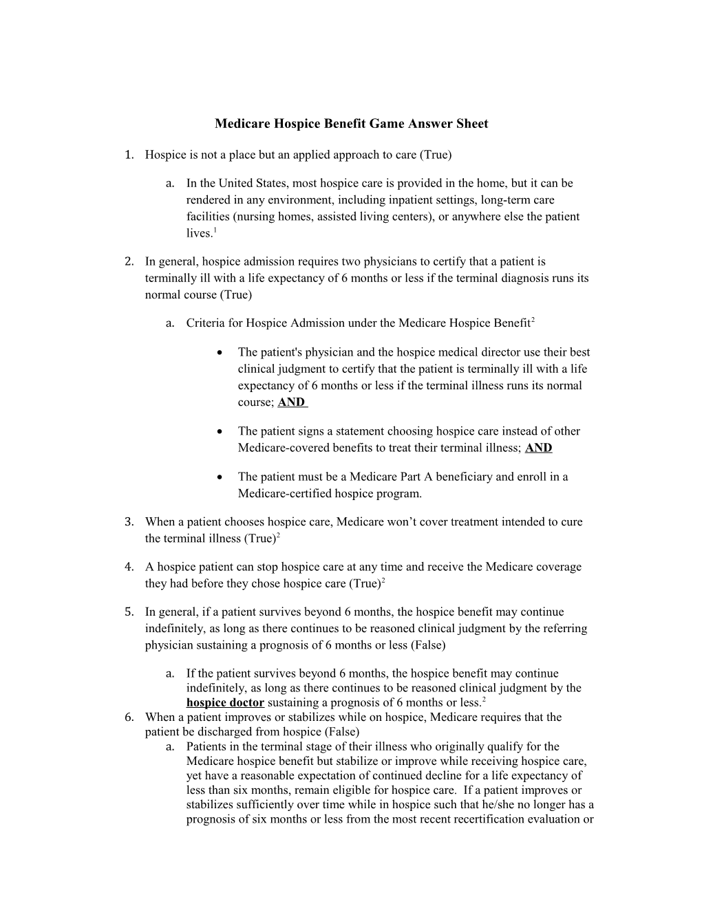 Medicare Hospice Benefit Game Answer Sheet