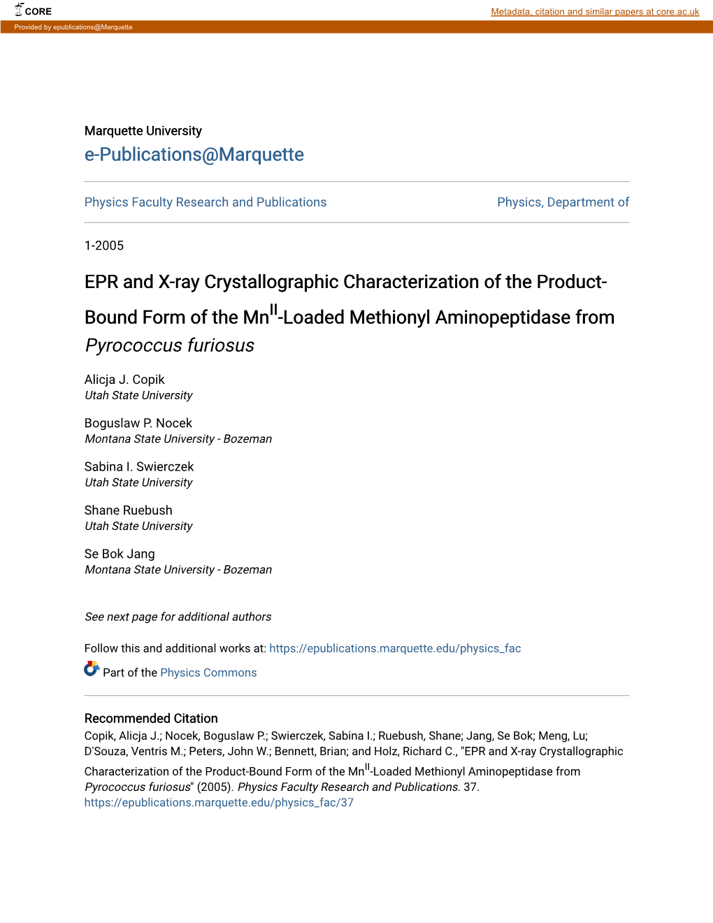 EPR and X-Ray Crystallographic Characterization of the Product- Bound Form of the Mnii-Loaded Methionyl Aminopeptidase from Pyrococcus Furiosus