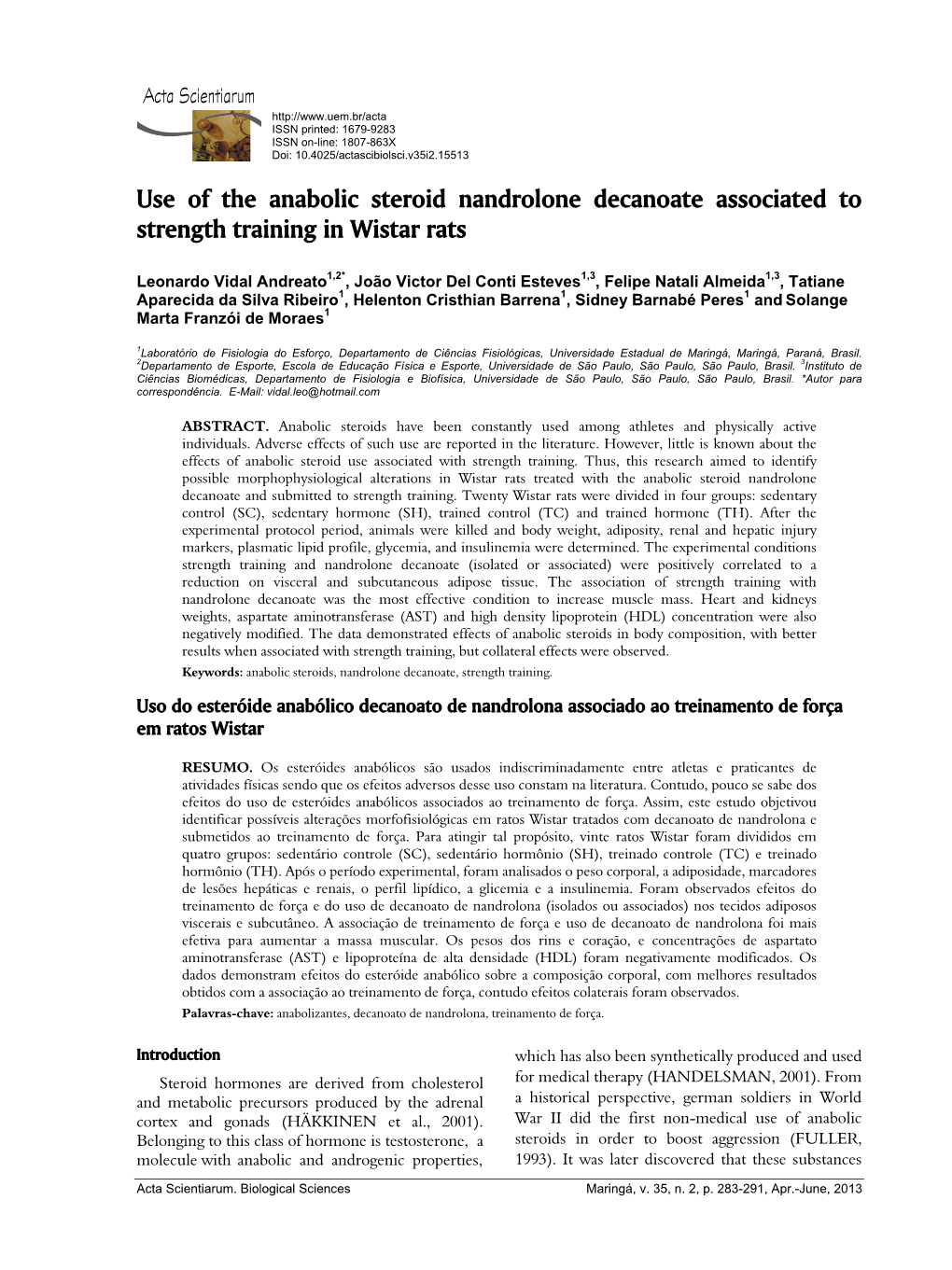 Use of the Anabolic Steroid Nandrolone Decanoate Associated to Strength Training in Wistar Rats