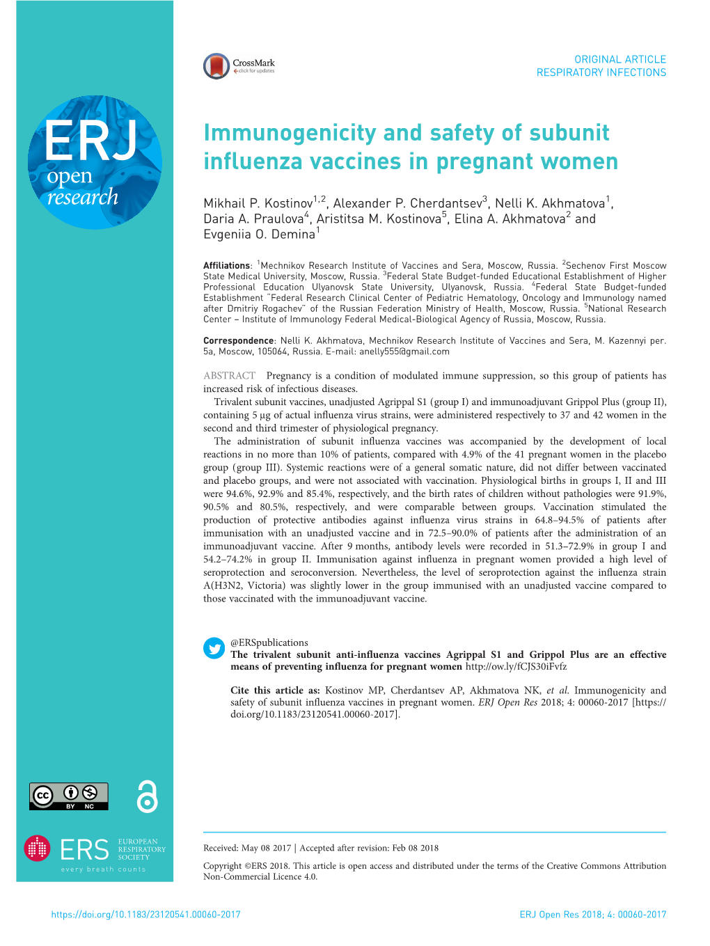 Immunogenicity and Safety of Subunit Influenza Vaccines in Pregnant Women