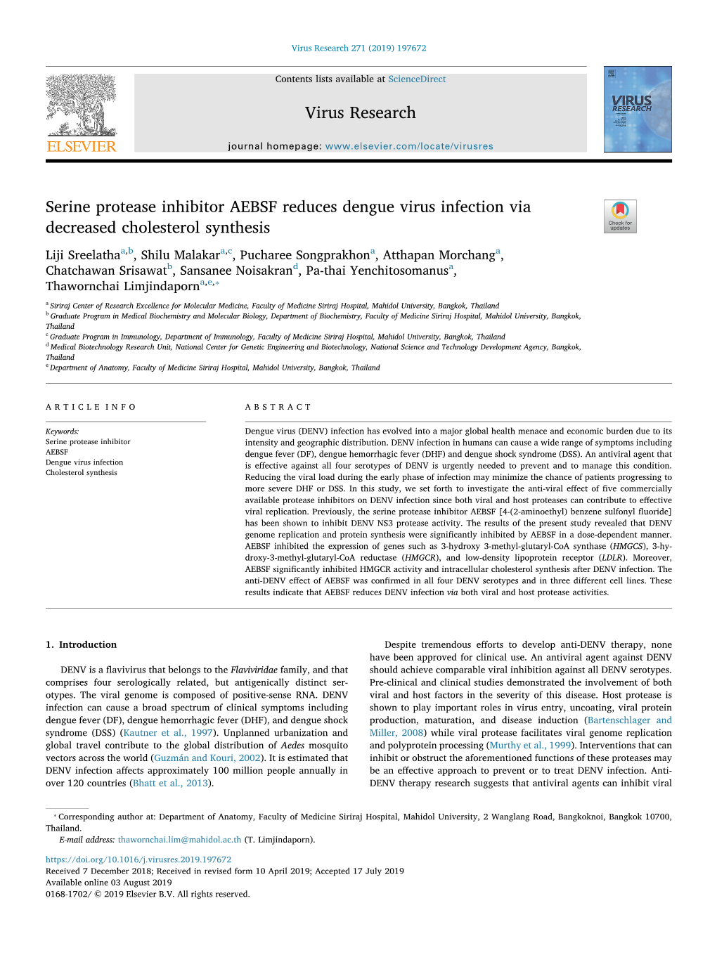 Serine Protease Inhibitor AEBSF Reduces Dengue Virus Infection Via Decreased Cholesterol Synthesis T