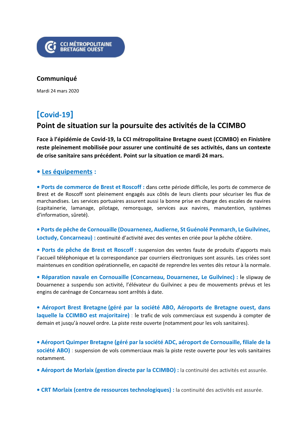 [Covid-19] Point De Situation Sur La Poursuite Des Activités De La CCIMBO