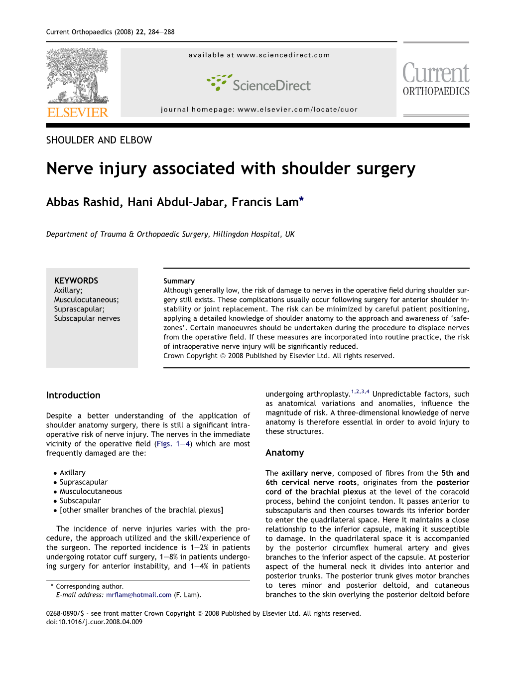 Nerve Injury Associated with Shoulder Surgery