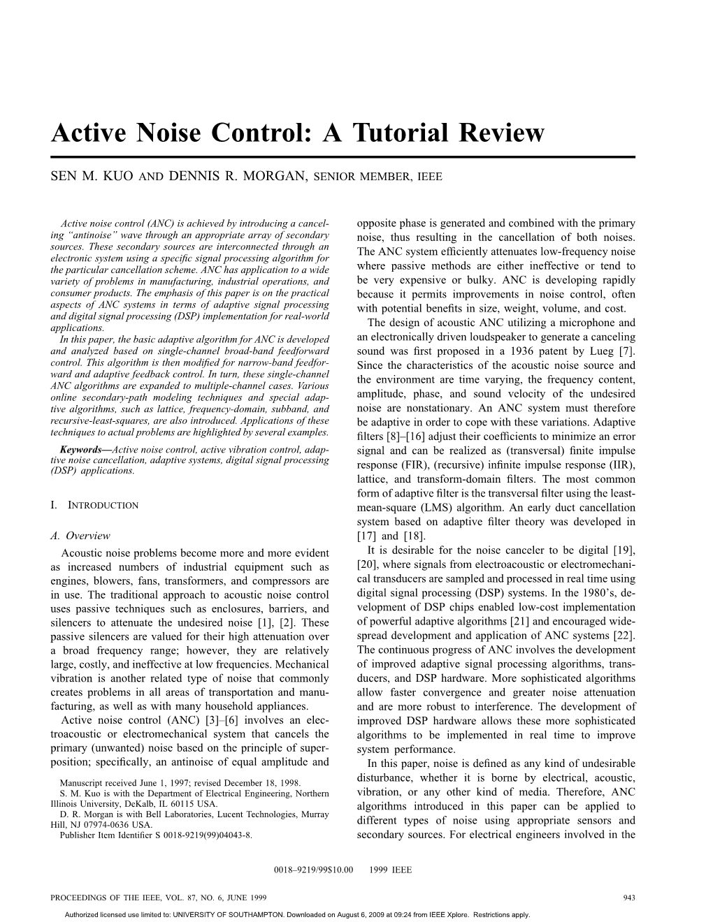 Active Noise Control: a Tutorial Review