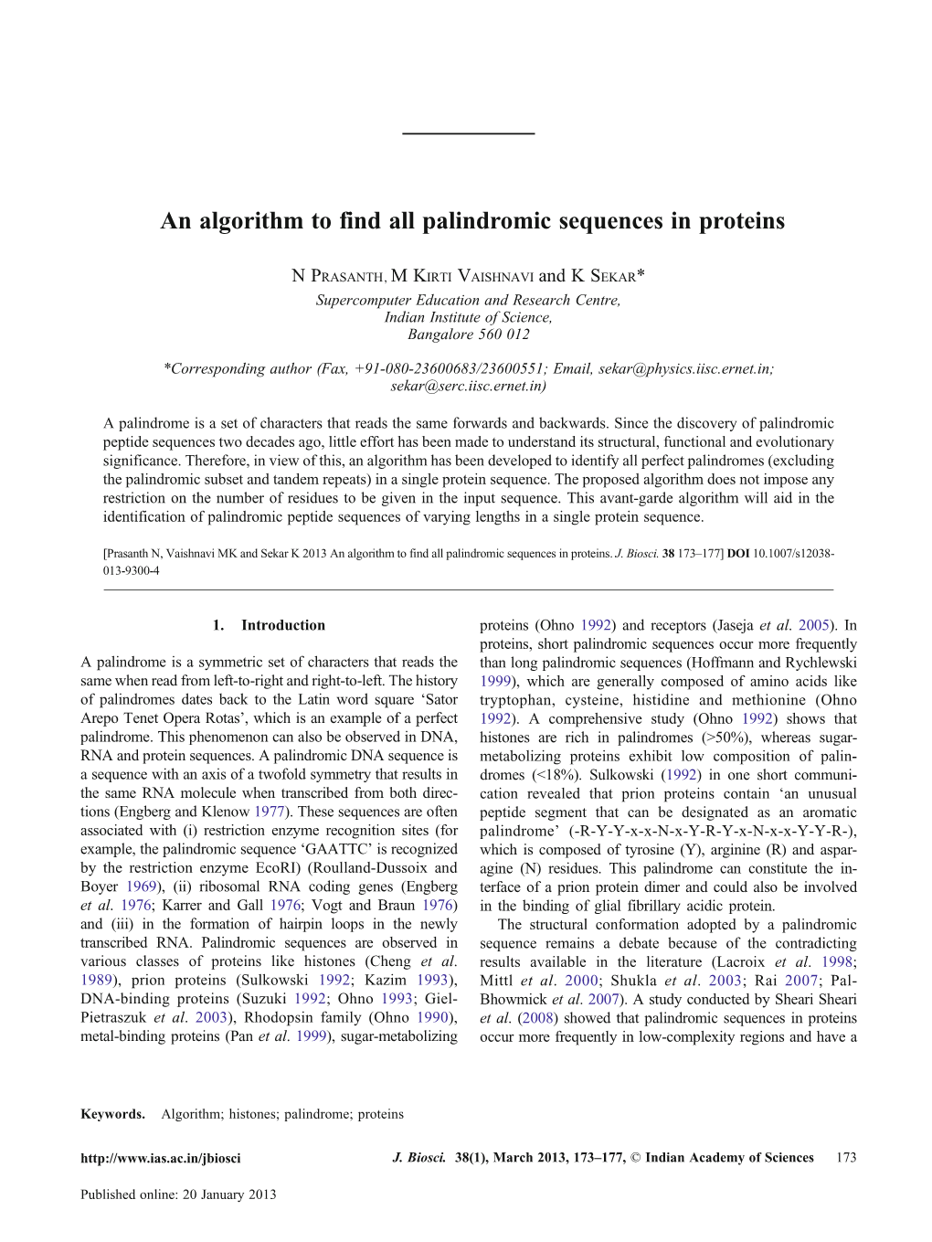 An Algorithm to Find All Palindromic Sequences in Proteins