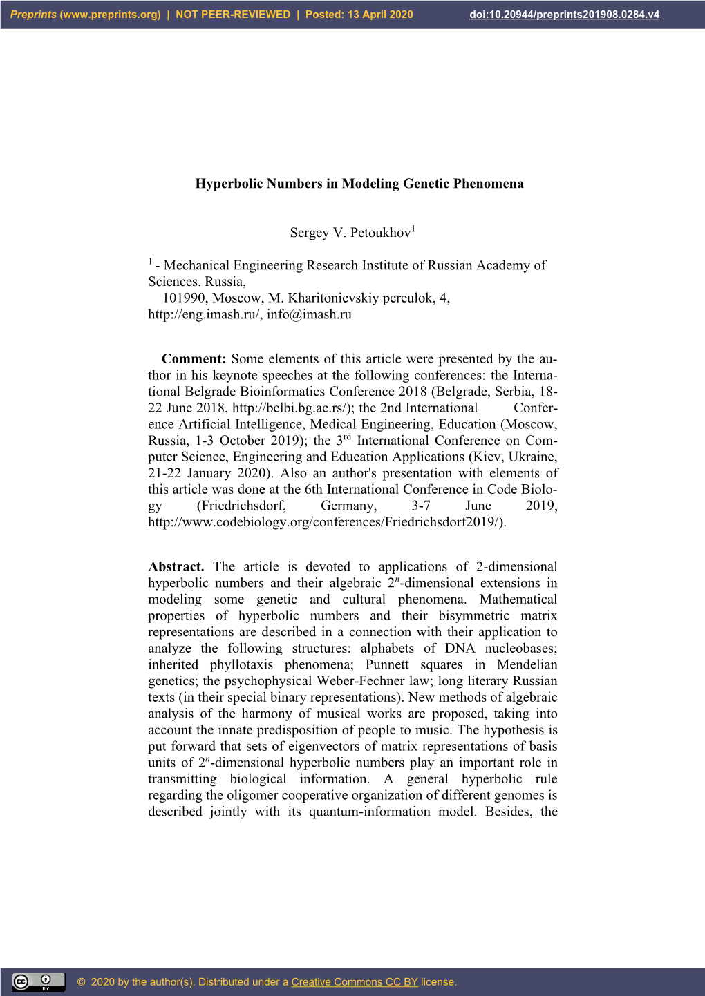 Hyperbolic Numbers in Modeling Genetic Phenomena