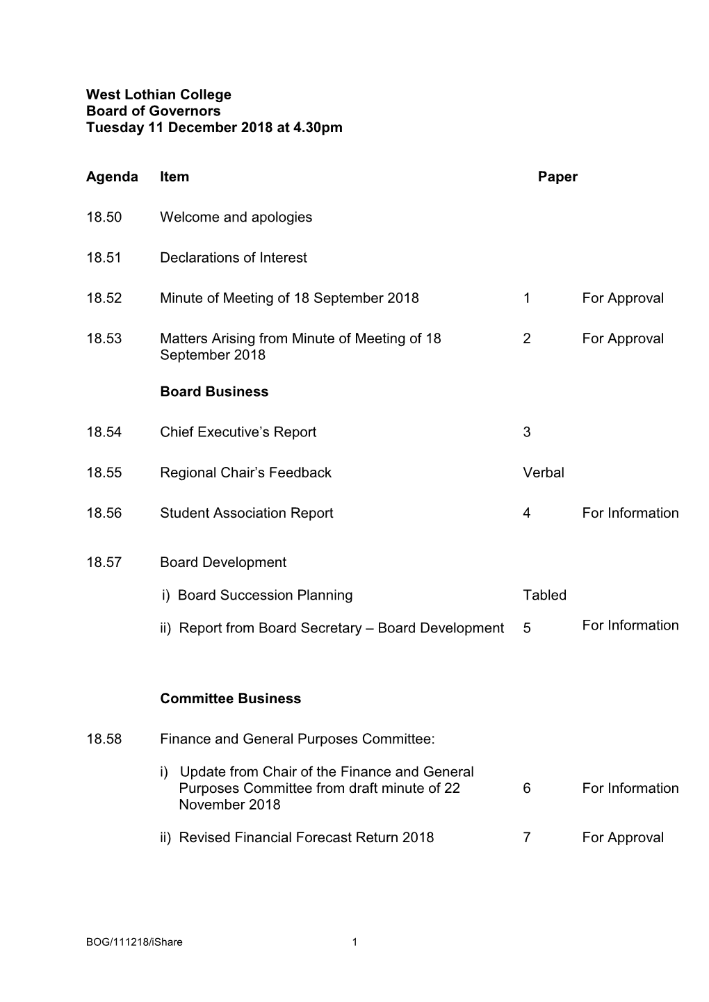 West Lothian College Board of Governors Tuesday 11 December 2018 at 4.30Pm