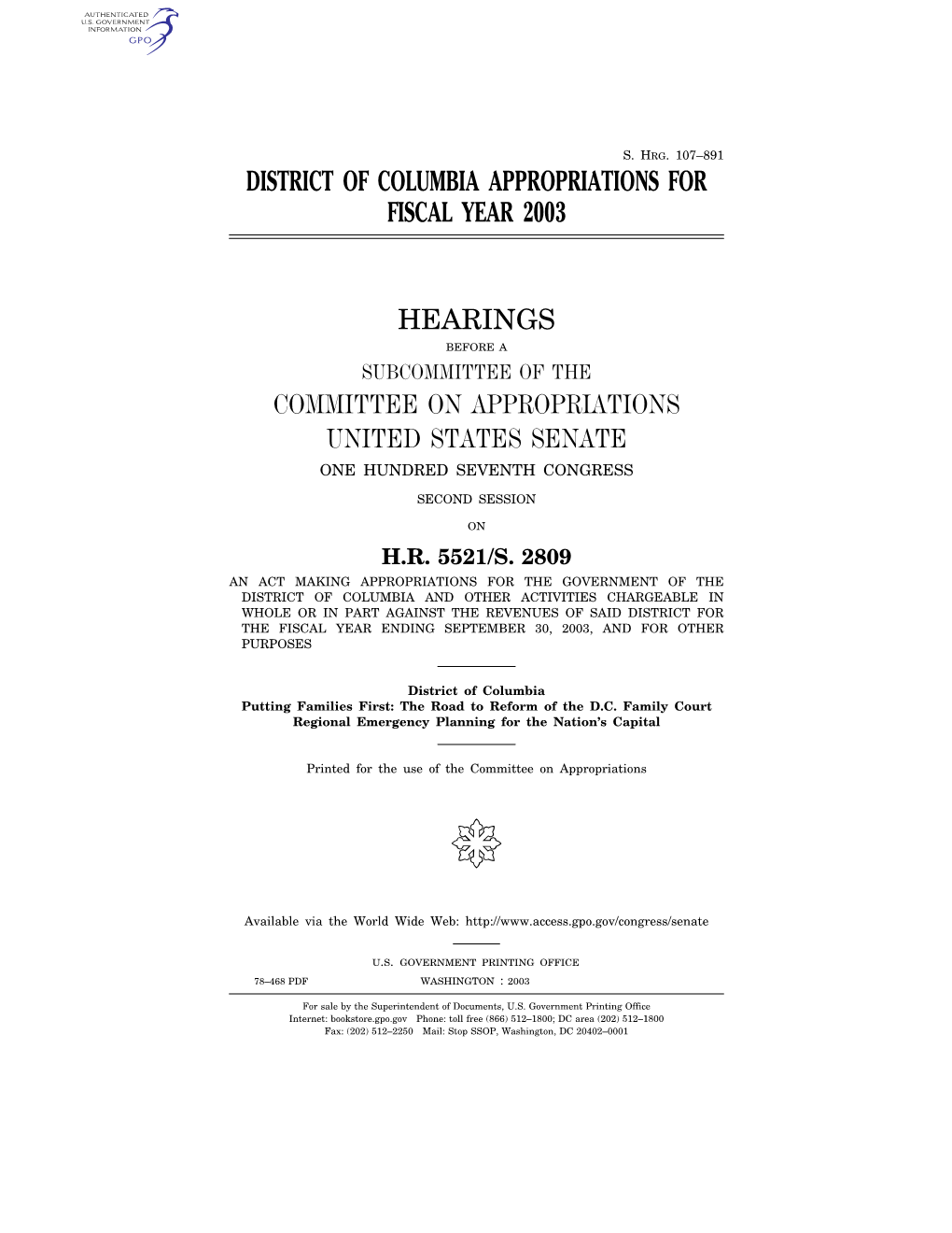 107–891 District of Columbia Appropriations for Fiscal Year 2003