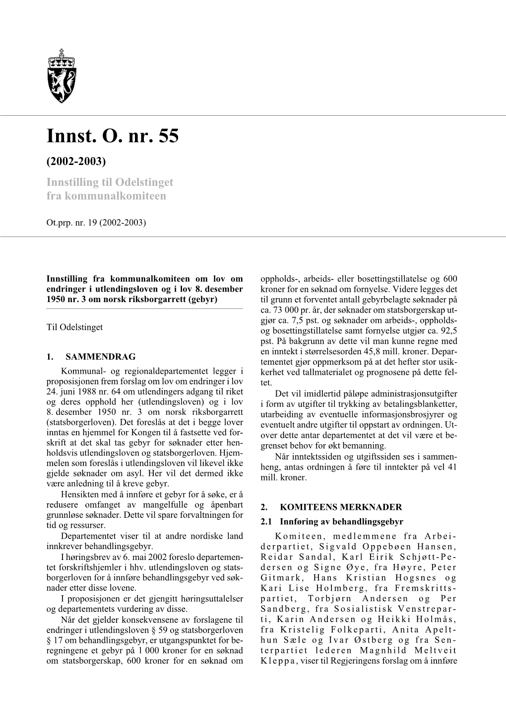 Innst. O. Nr. 55 (2002-2003) Innstilling Til Odelstinget Fra Kommunalkomiteen