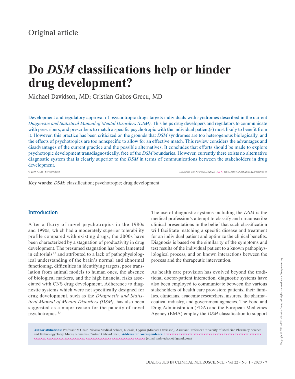 Do DSM Classification Hep Or Hinder Drug Development?