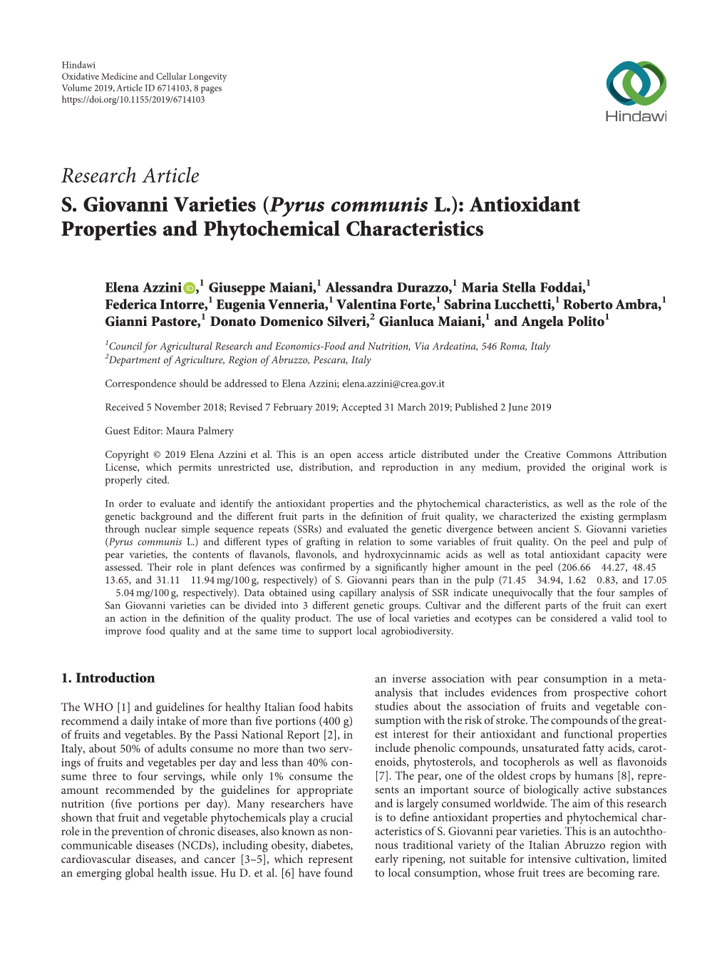 S. Giovanni Varieties (Pyrus Communis L.): Antioxidant Properties and Phytochemical Characteristics